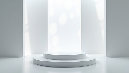 Fototapeta premium A reflective white 3D-rendered space with a translucent podium and geometric light patterns.