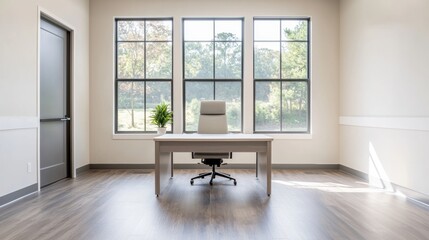 Fototapeta premium Modern office space maximizing natural light with desk and chair