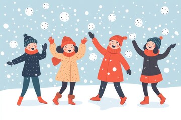 Fototapeta premium Happy winter vacation. Warmly dressed people in the jump. The concept of active rest and joyful pastime.