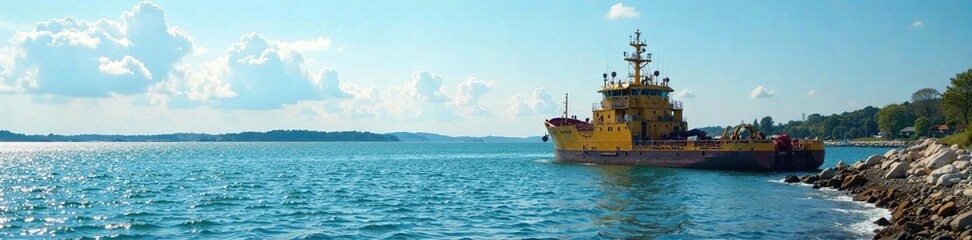 Fototapeta premium Estuary landscape with yellow dredge at anchor, marina, sea