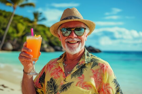 happy elderly man wearing hawaiian shirt and holding a cocktail on vacation