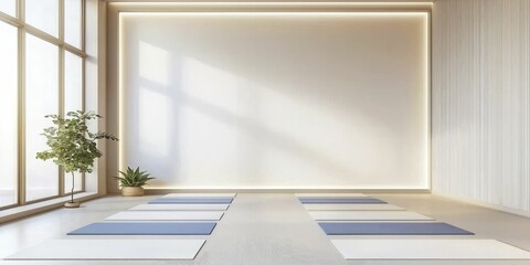 Fototapeta premium Serenity in the Yoga Room with Large Window and Yoga Mat, Natural Light Yoga Space for Practice and Relaxation