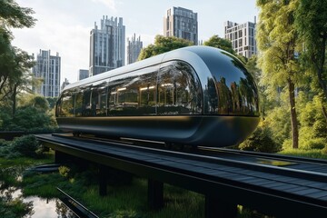 Obraz premium futuristic metal train riding through the city