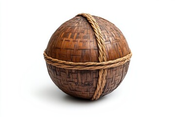 Rustic wooden sphere with intricate texture on a plain background