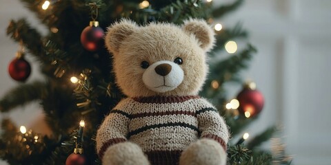 Adorable Teddy Bear Perched on a Festive Christmas Tree Branch