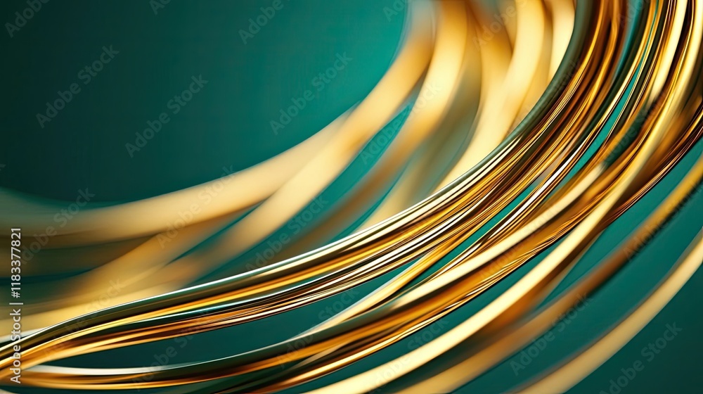 Poster scenery abstract background idea. abstract golden wires flowing elegantly over a turquoise backgroun