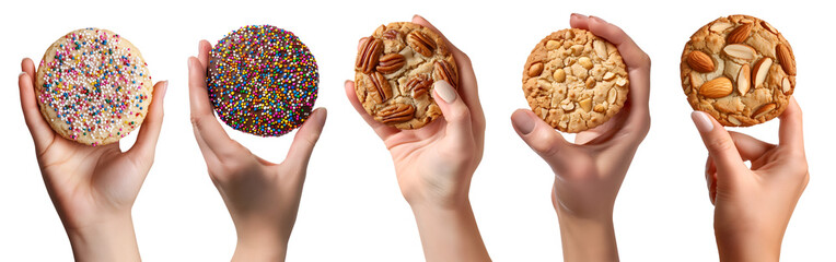 Collection of hand holding large round cookie cookies biscuit, sprinkles, pecan almond nut set on transparent cutout, PNG. Many different flavour. Mockup template for design