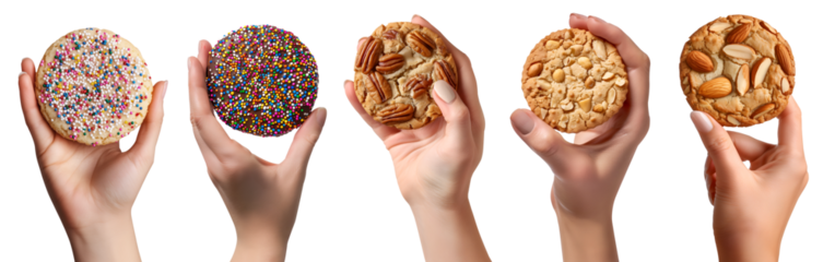 Collection of hand holding large round cookie cookies biscuit, sprinkles, pecan almond nut set on transparent cutout, PNG. Many different flavour. Mockup template for design