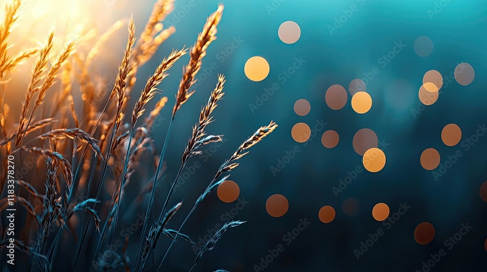 Poster scenery abstract background idea. a serene close-up of wheat at sunset, capturing soft light and atm