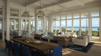 Obraz premium Coastal-themed dining room design with blue accents, natural wood furniture, and infinite background emphasizing airy ambiance.