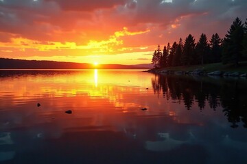 Obraz premium Golden hues dance across the Onega Lake's surface as sunset fades, peaceful water, lake, nature