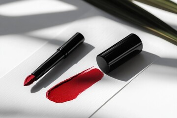 Obraz premium Red lipstick and eyeliner on white background
