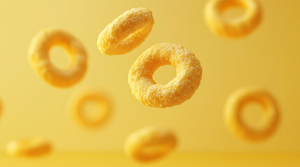 floating cheerios isolated on yellow background	