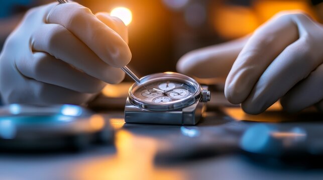 A close-up of a watchmaker repairing a timepiece with precision tools.