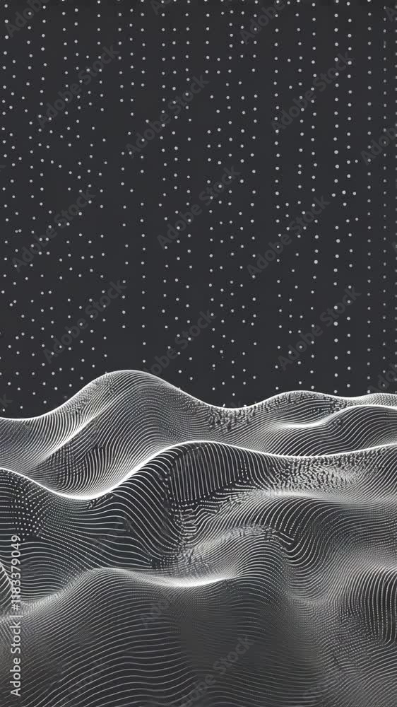 Poster abstract representation of waves and stars creating a visually striking contrast in black and white 