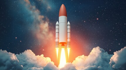 A rocket ascends into the night sky, surrounded by vibrant clouds and cosmic elements, symbolizing exploration and innovation.