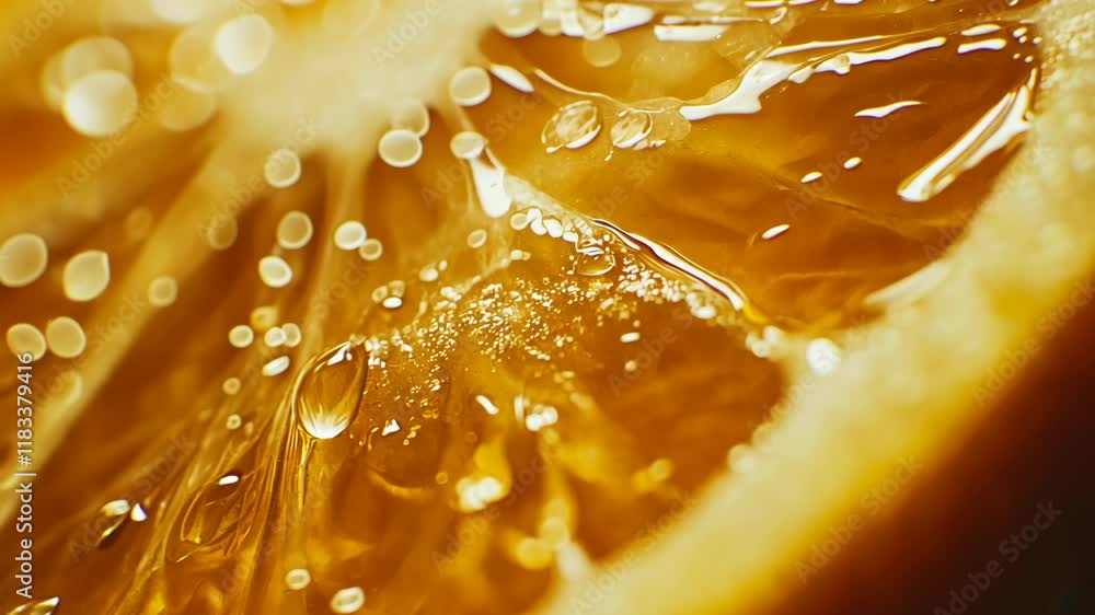 Poster close-up view of refreshing lemon slice with droplets showcasing vibrant texture in bright light