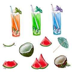 Refreshing summer drinks with watermelon and coconut on a bright background