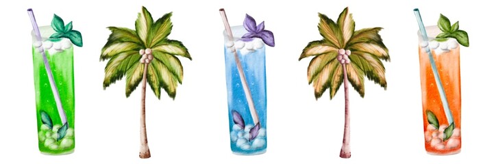 Colorful tropical drinks with palm trees under bright sunlight on a summer day
