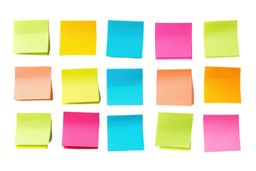 A row of colorful sticky notes are lined up, on transparent background.	