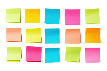 A row of colorful sticky notes are lined up, on transparent background.	