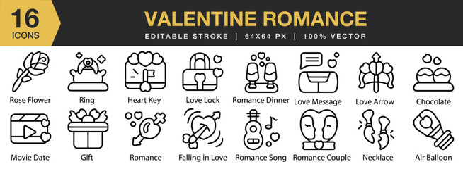 Valentine Romance icon set. Editable Stroke Icon Collection. Includes romance, love, romantic, heart, day, gift, and More. Outline icons vector collection.