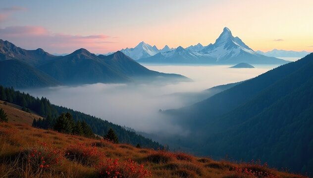 Misty morning on Mount Thielsen with fog rolling in from the valley, morning, natural, atmosphere