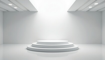 Obraz premium A reflective white 3D room featuring a layered podium and dynamic ceiling lighting.