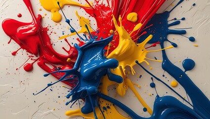 Vibrant abstract paint splash with red, yellow and blue colors on white background, digital art design