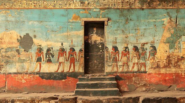 Ancient murals displayed on pyramid surface
