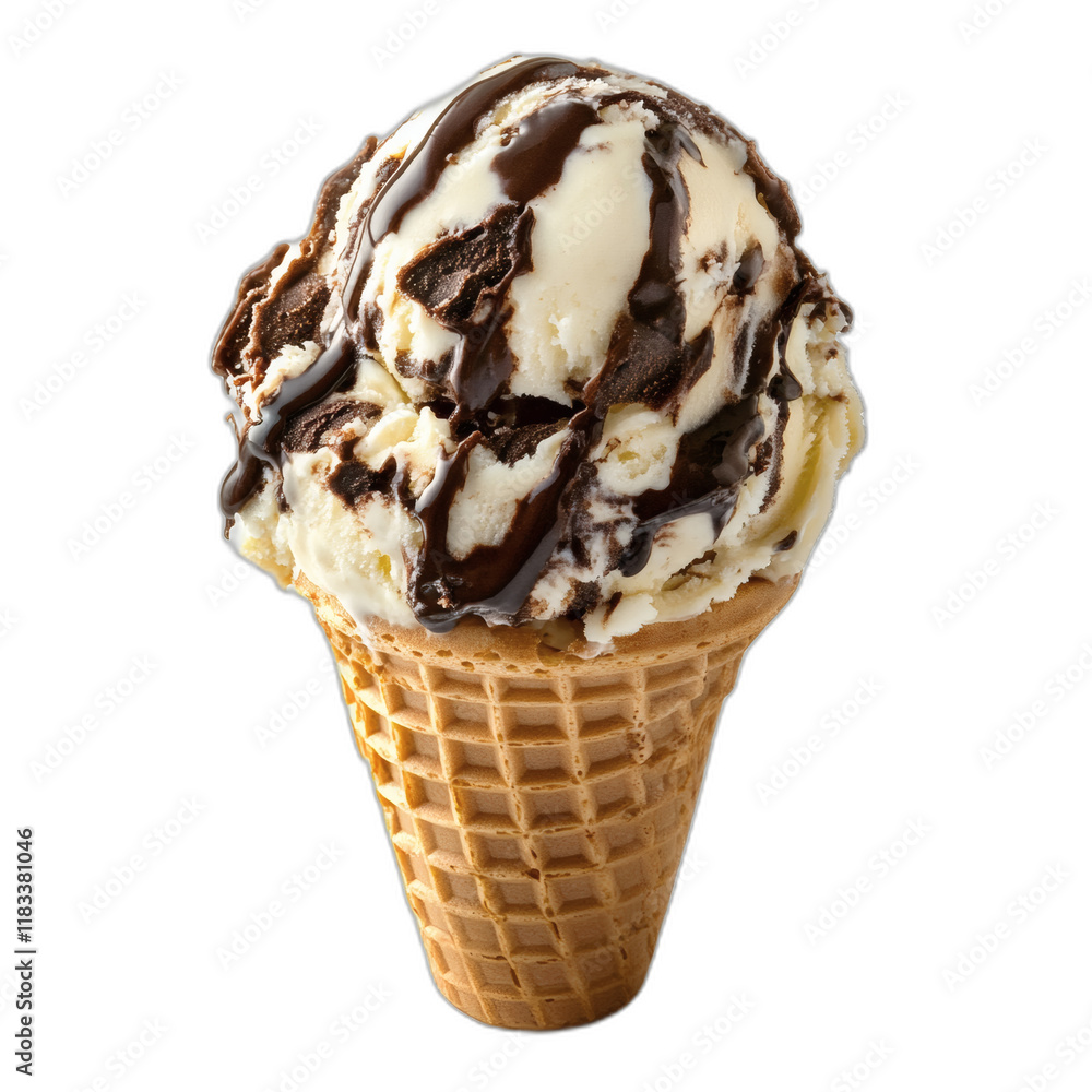 Poster chocolate and vanilla swirl soft serve ice cream in waffle cone isolated on white transparent backgr