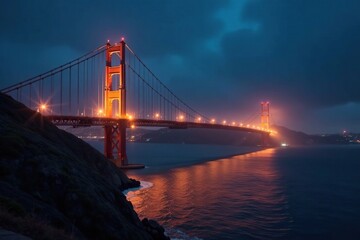 Nighttime scene of a glowing bridge with the river flowing beneath it in darkness, lighting, glow, foggy