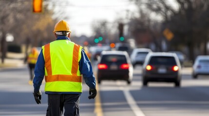 A construction worker directs traffic on a busy street wearing a safety vest and helmet.