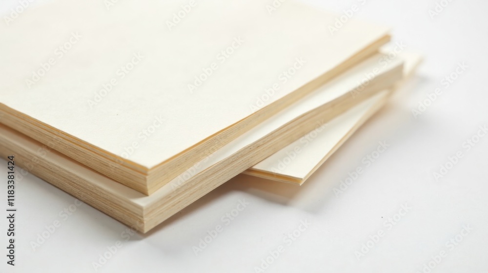 Poster a stack of blank, off-white paper sheets, showing the texture and edges