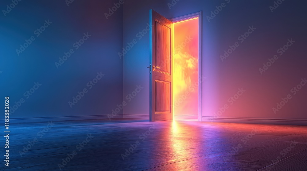 Poster origami-style open door with a bright light shining through on a simple background