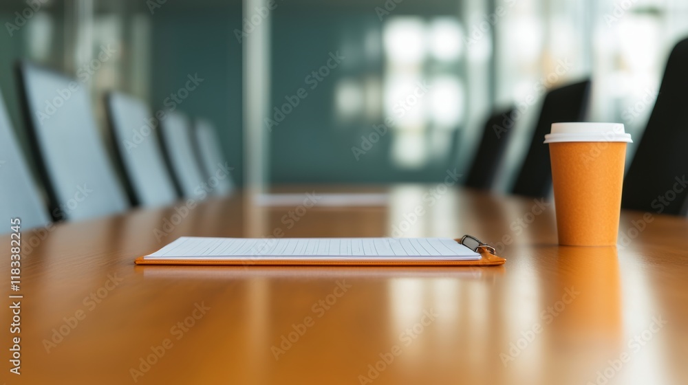 Aufkleber notepad and coffee resting on empty conference table in meeting room