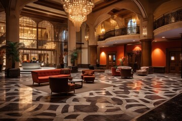 Obraz premium Modern hotel reception lobby architecture chandelier furniture.