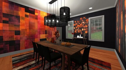 Contemporary dining room with artistic flair, featuring bold colors and unique shapes on an infinite background.