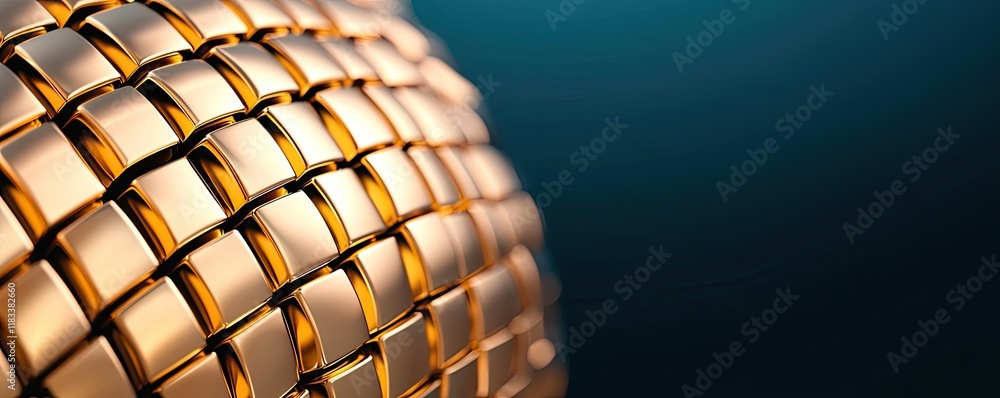 Poster gold abstract background concept. close-up view of woven golden mesh texture with soft lighting and 