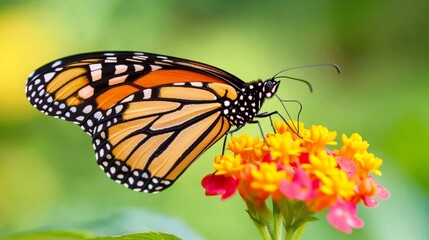 Fototapeta premium A vibrant monarch butterfly perched on a colorful flower in a natural setting.