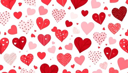 Charming Valentine's Day heart pattern on white background. A cheerful and romantic seamless pattern featuring various stylized hearts in shades of red and pink