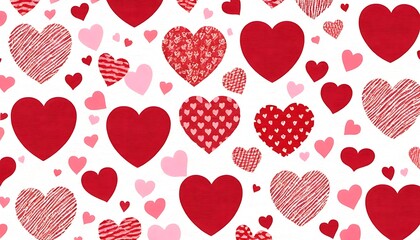 A Seamless Pattern of Love: Red and Pink Hearts on White Background. This whimsical seamless pattern features a repeating design of hearts in various shades of red and pink