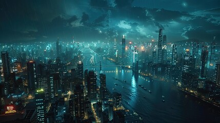 Naklejka premium city at night, super detailed, Hyper-detailed, cinematic lighting, tone mapping, post-processing, professional color grading