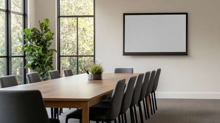 Modern conference room with wooden table, gray chairs, and whiteboard near large windows illuminating plants