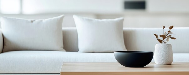 Minimal furniture concept. Stylish modern living room with soft cushions and minimalistic decor.