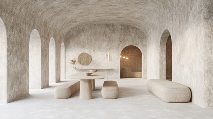 Contemporary dining setup featuring warm textures and neutral tones, isolated on a podest with an infinite white background.