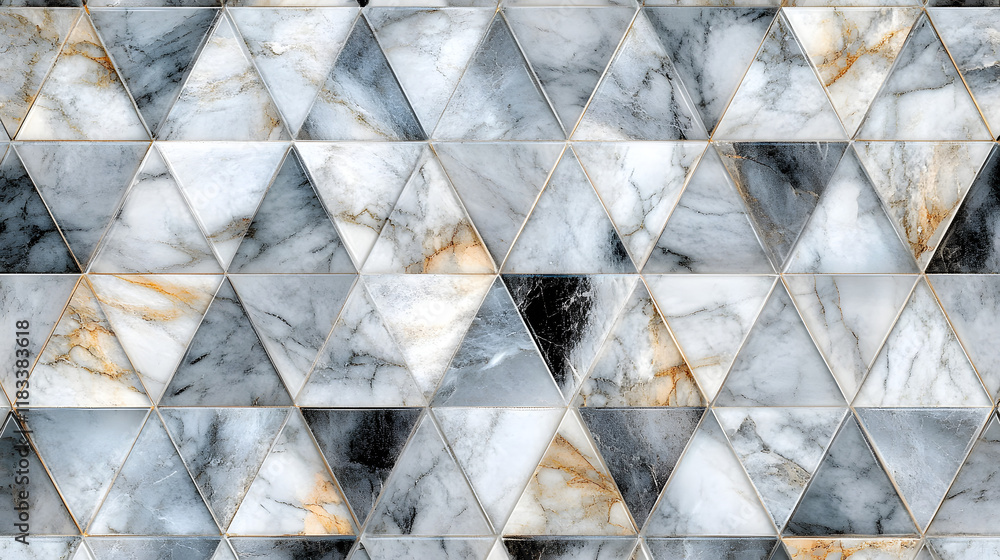 Poster high-resolution seamless marble wall pattern with triangular tiles for interior design.