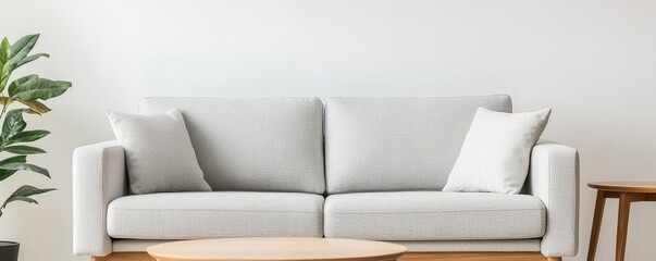 Minimal furniture concept. Modern living room featuring a cozy gray sofa and a stylish wooden coffee table.