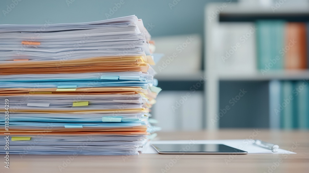Poster Stack of documents and tablet symbolizing office workflow