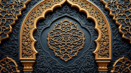 Intricate Gold and Dark Blue Islamic Arabesque Wall Art Design